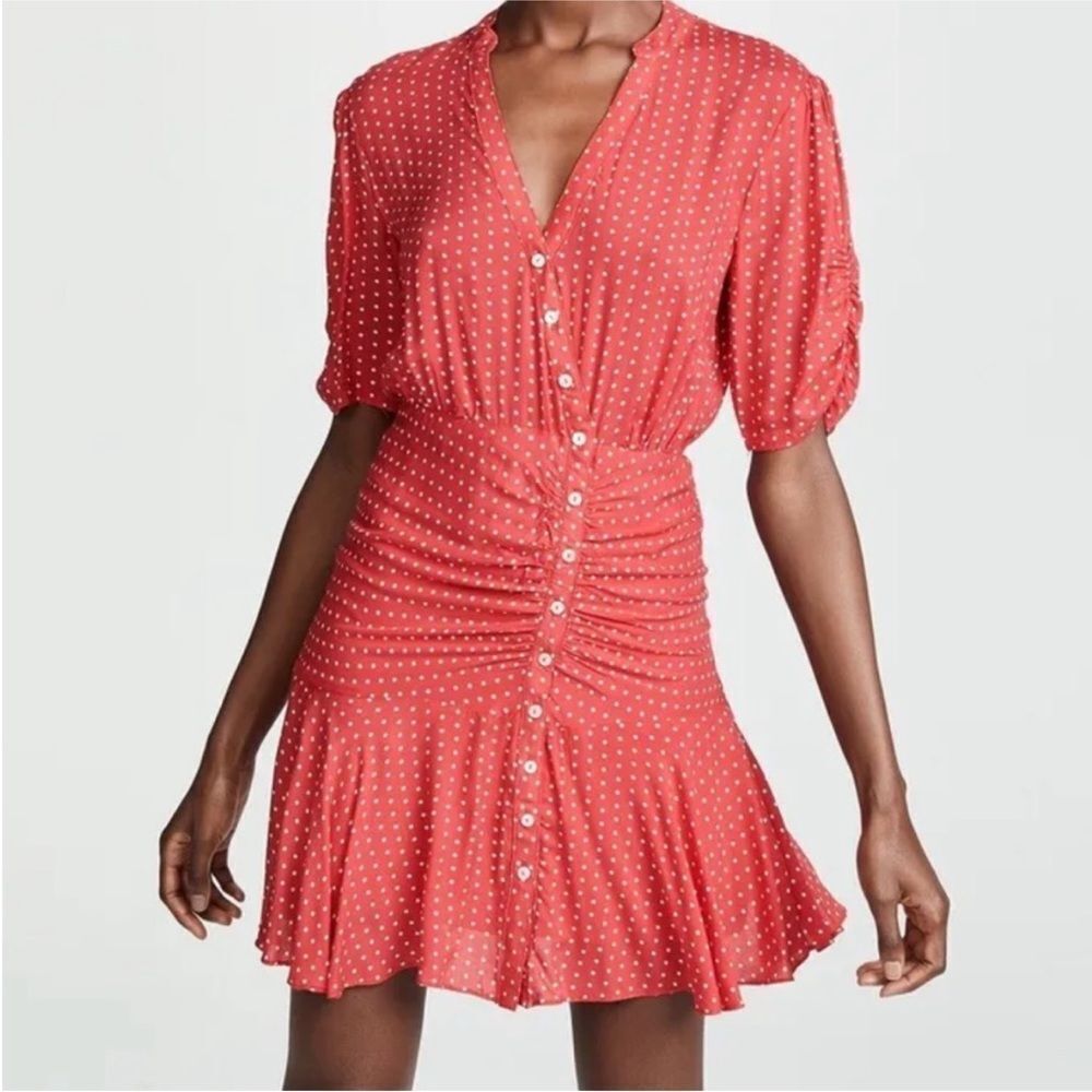Free People 100% rayon Red Polka Dot button up ruched Dress, S